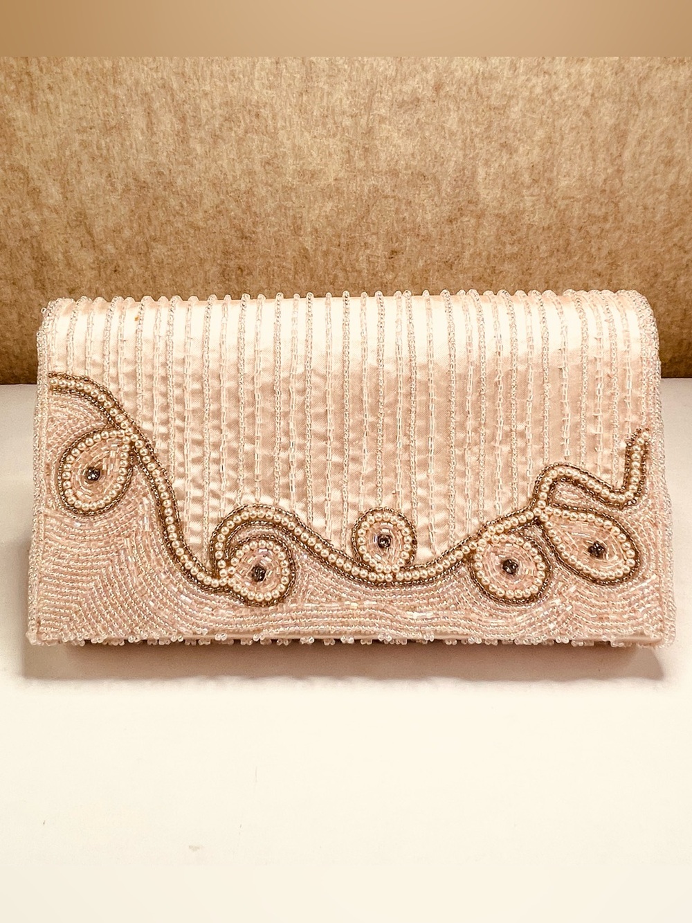 Beaded Satin Blush Pink Formal Evening Bag Clutch Purse Pearls with Strap MINT